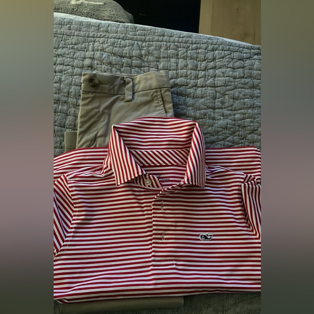 Boys Vineyard Vines breaker pants and red striped sankaty polo in size 6